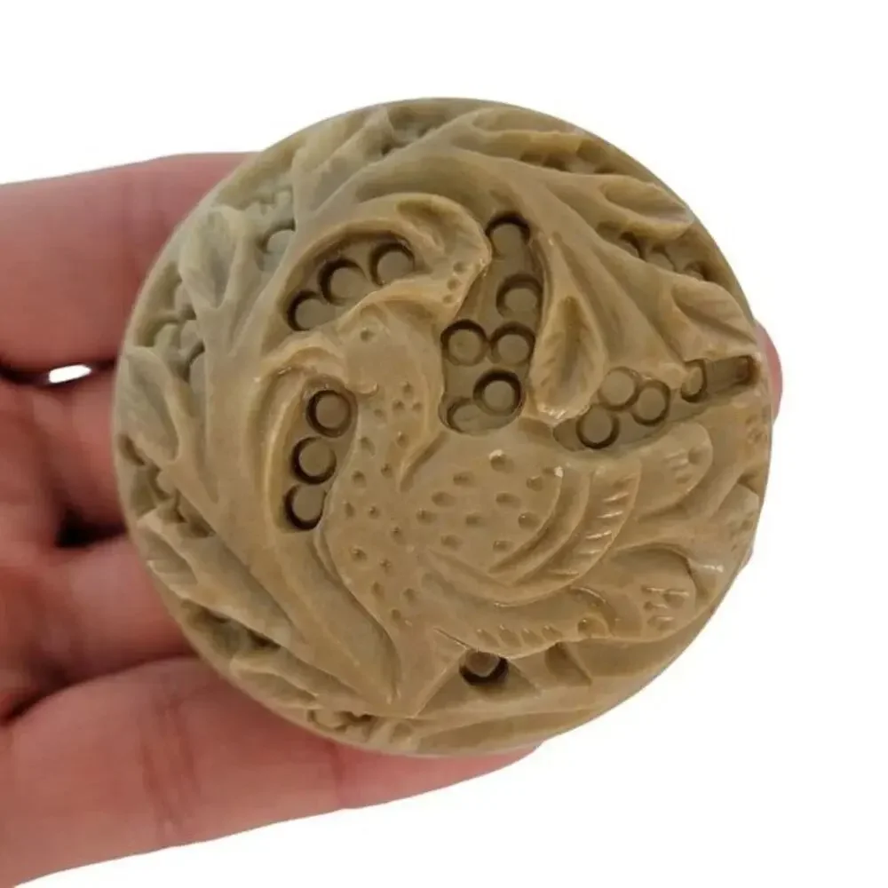 Vintage Hand Carved Soapstone Trinket Box Round Small Bird Carving Boho Deco Box